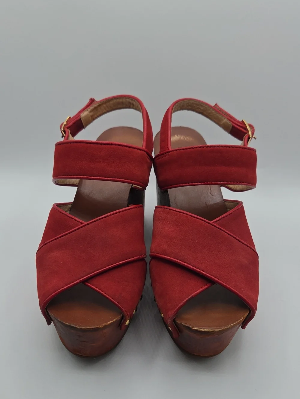 Sandro Red Suede Studded Wood Wedge Platform Sandals Euro 37 US 6.5-7